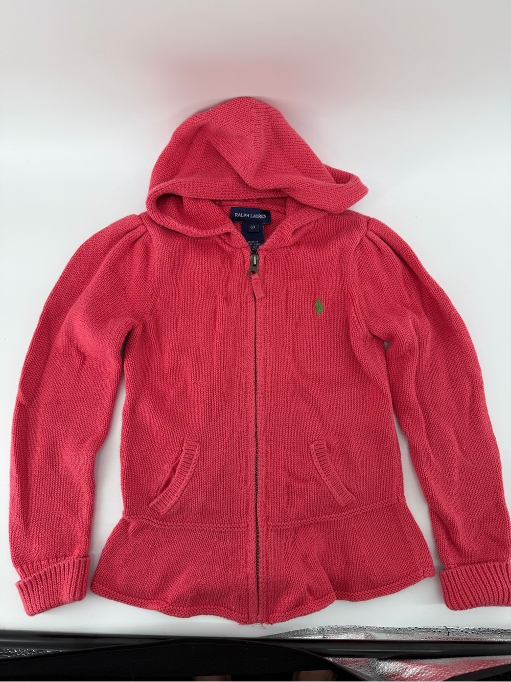 Ralph Lauren Girls 6X Pink Knit Full Zip Sweater Hoodie Peplum Ruffle Hem